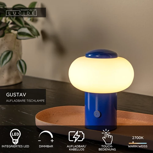 Lucide GUSTAV - wiederaufladbare Tischlampe - Akku/Batterie - Ø 8 cm - LED Dim. - 1x0,8W 2700K - Blau | Essential - USP